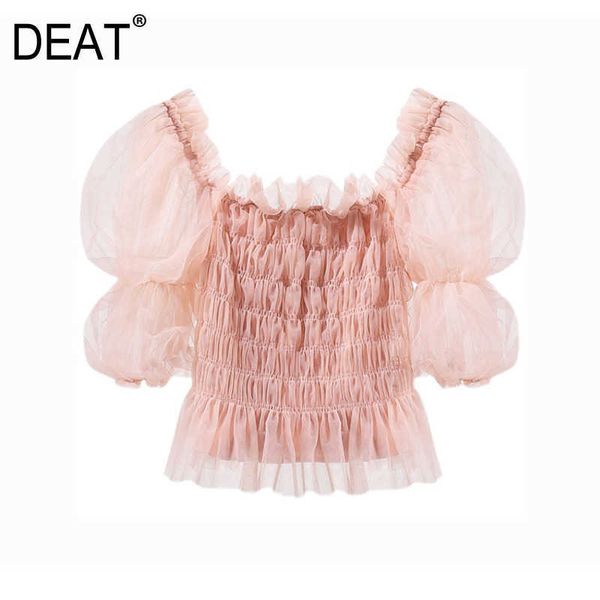 

[deat] summer fashion solid color square collar puff sleeve folds chiffon elegant women shirt 13d188 210527, White