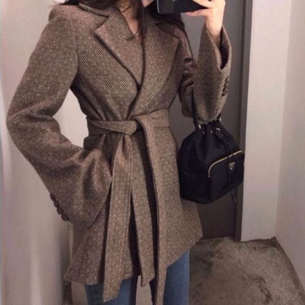 

women's wool & blends vintage lace up coat woman autumn winter 2021 loose thicken jacket female korean cropped brown women, Black
