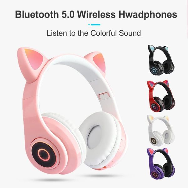 

cute cat 5.0 headset wireless hifi music stereo bass headphones led light mobile phones girl daughter for pc cell phone earphones
