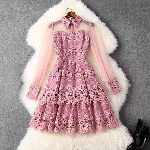 

casual dresses spring summer pink long sleeve lapel neck floral print lace panelled buttons single-breasted dress fashion lm0914t10656 9wap, Black;gray