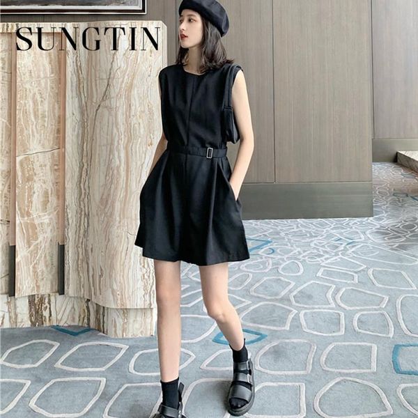 

sungtin black arrival playsuit women summer 2021 sleeveless casual slim femme rompers jumpsuits overalls with belt women's &, Black;white