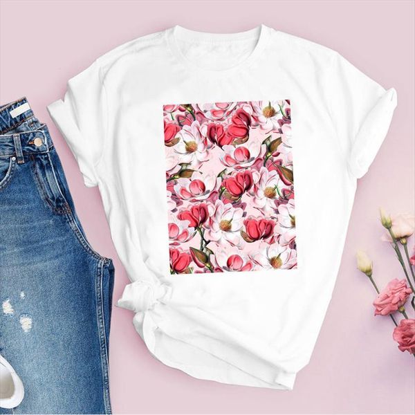 

graphic flower floral printing cartoon women t shirts cute vintage print tees clothing female shirt womens, White