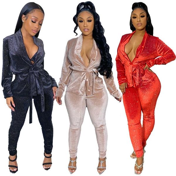 

women's two piece pants winter women stripe velvet pant suit long sleeve blazer button coat jacket and skinny 2 set outfits, White
