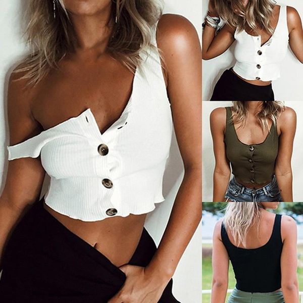 

women's tanks & camis women bandage sleeveless tank button vest black white army green ladies casual short shirt female for streetwear