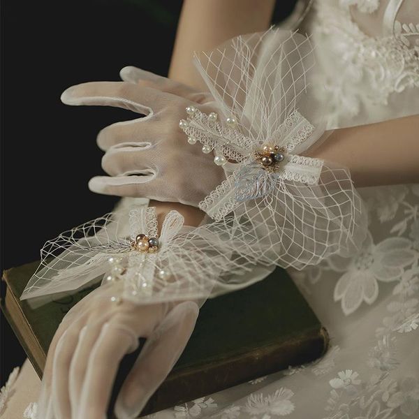 

five fingers gloves lolita lace bride cosplay handmade flower wedding tea party elegant girl summer bow hand cuff, Blue;gray