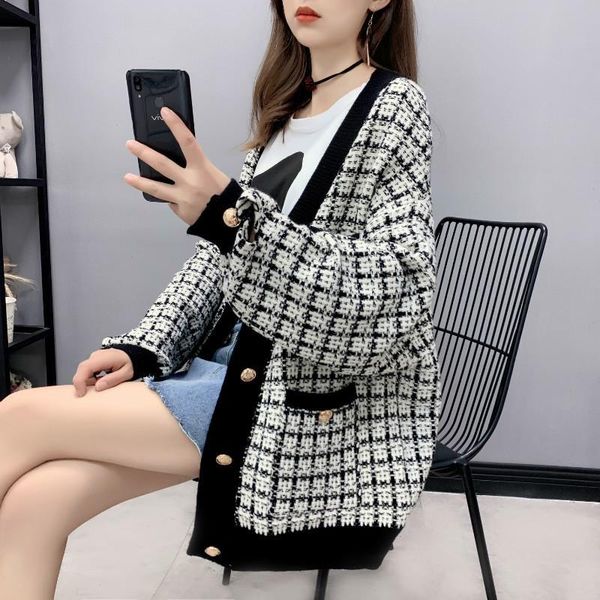 

qnpqyx black plaid knit cardigan button harajuku women knitted sweater fashion casual autumn winter sweater oversized cardigans, White;black