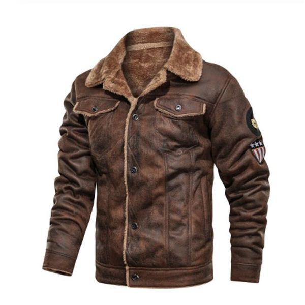 

men's fur & faux retro men leather jacket casual pu coat 2021 winter male thick fleece military motorcycle jackets plus size, Black