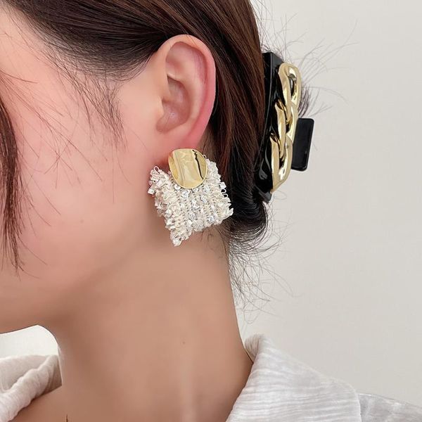 

stud gsold fashion design cloth lace metallic statement winter earrings for women white black fabric sequin ear studs trend jewelry, Golden;silver