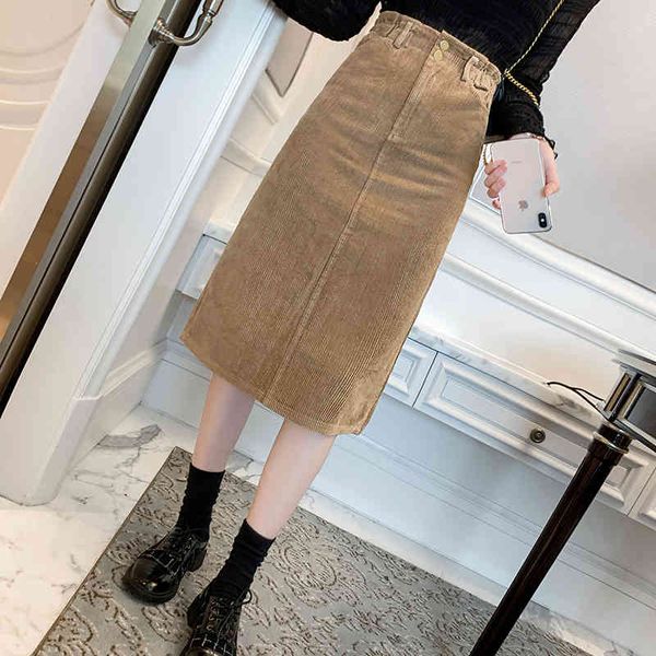 

skirt 2021 autumn and winter women's veet skirts mid-length slit skirt high waist the thin line came out of a step, Black