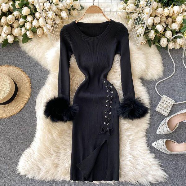 

knitted dress 2021 autumn and winter design sense furry long-sleeved tie-up waist hips slim bottoming black casual dresses, Black;gray