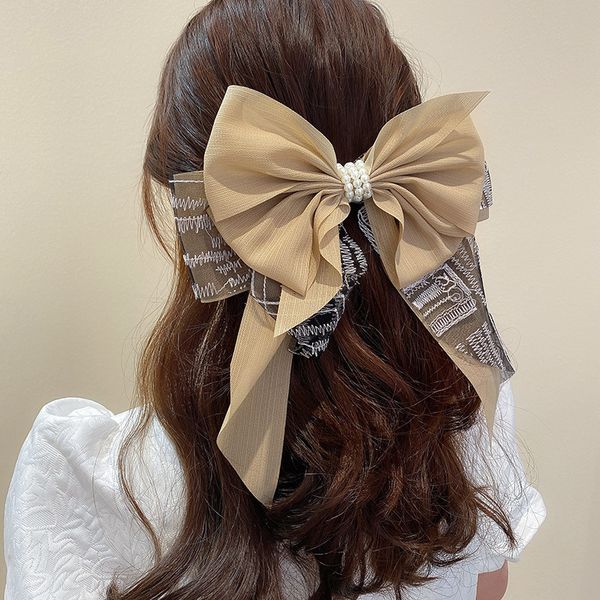

gauze bow pearl hairpin spring clip simple personality design hair accessories temperament fairy forest headdress, Golden;silver