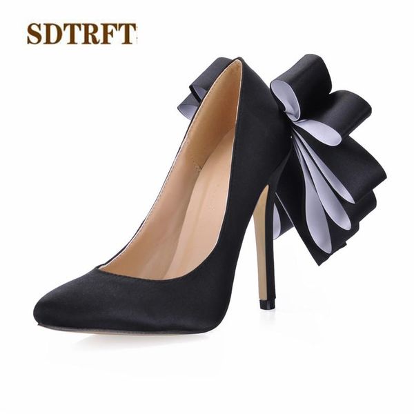 

plus:35-42 43 pointed toe sweet bowtie zapatos mujer 12cm thin high-heeled wedding shoes woman sm/cd/cosplay pumps dress, Black