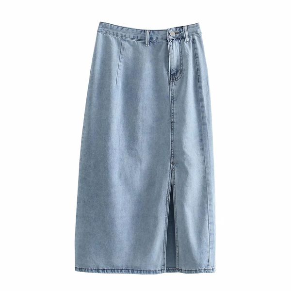 

bbwm vintage blue denim skirts high waist split straight midi skirts woman front button streetwear 210520, Black