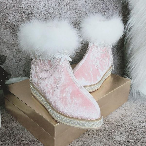 

boots womens real fur velvet leather ankle pearls tassels hidden heel warm winter snow shoes lolita sweet thick furry, Black