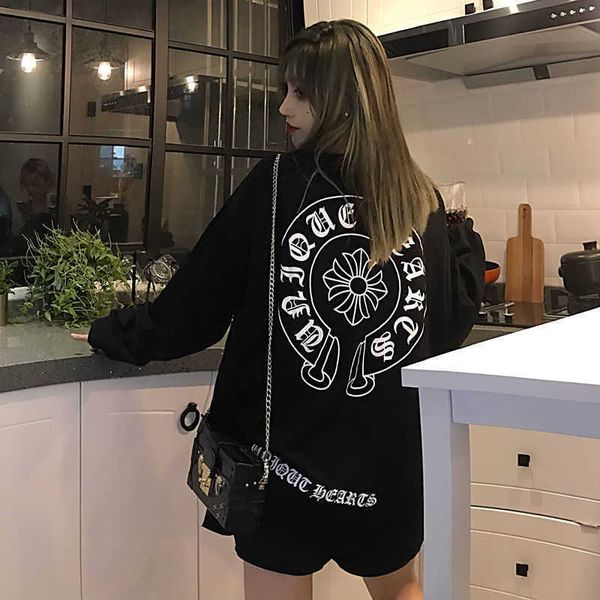 

neck retro 2020 new spring round and autumn loose crosin print long sleeve thin versatile student t-shirt wome, White