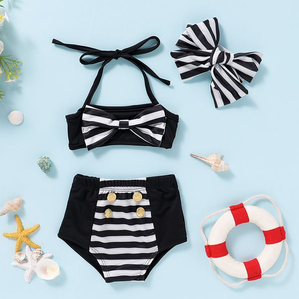 

baby girl black bikini suit striped fashion suspender split swimsuit, White;black