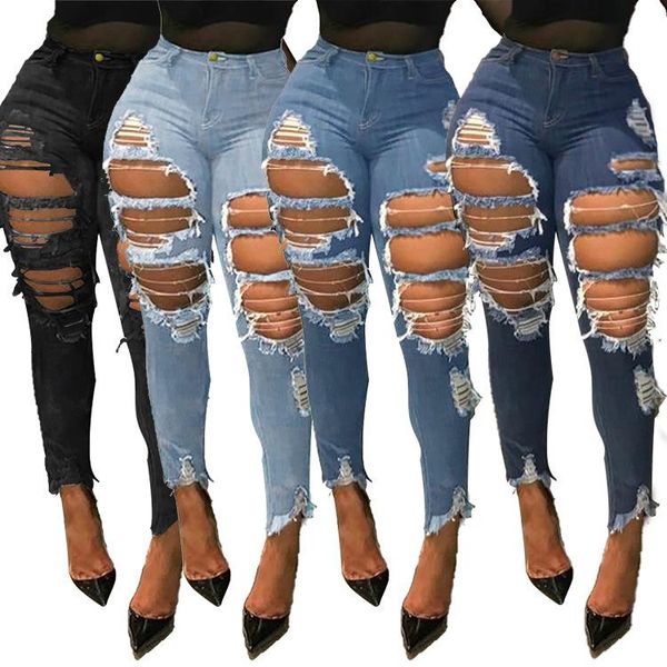 

women's jeans european and american plus size fashion personality high waist ripped pencil pants feet women, Blue