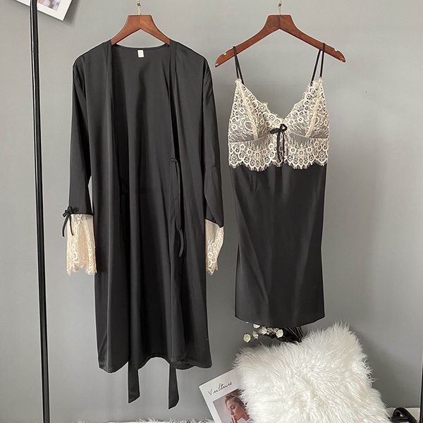 

pyjamas women's eyelash lace robe set ice silk soft touch 07n8, Black;white