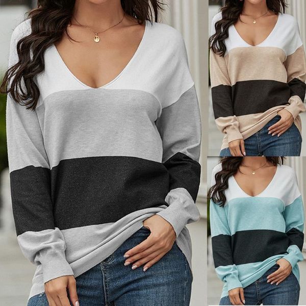 

women's sweaters women club v-neck elasticity loose sweater contrast colour long sleeve casual knit pullover knitted, White;black