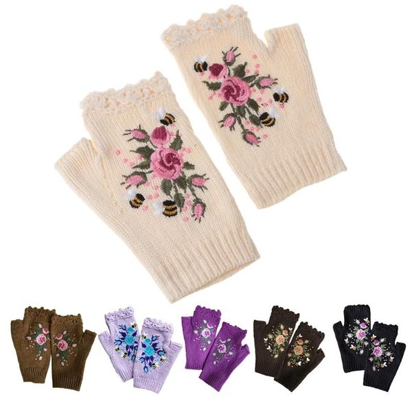 

five fingers gloves women winter knitted fingerless floral bee embroidery thumbhole mittens 649c, Blue;gray