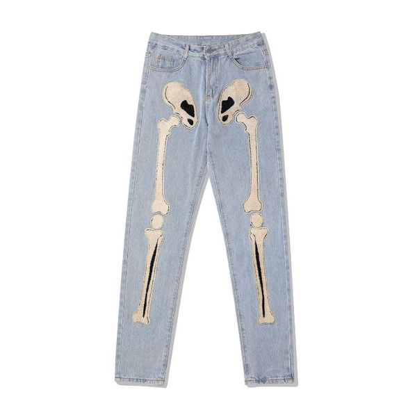 

men's jeans hip hop skull hand embroidery for men and women loose straight casual ripped denim trousers baggy retro vibe jean pants, Blue