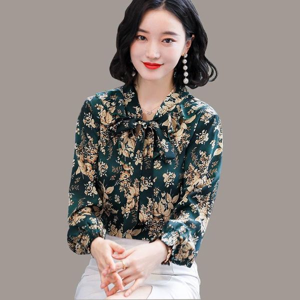 

women's t-shirt floral long-sleeved chiffon shirt 2021 autumn and winter fat sister mother's belly-covering western style small, White