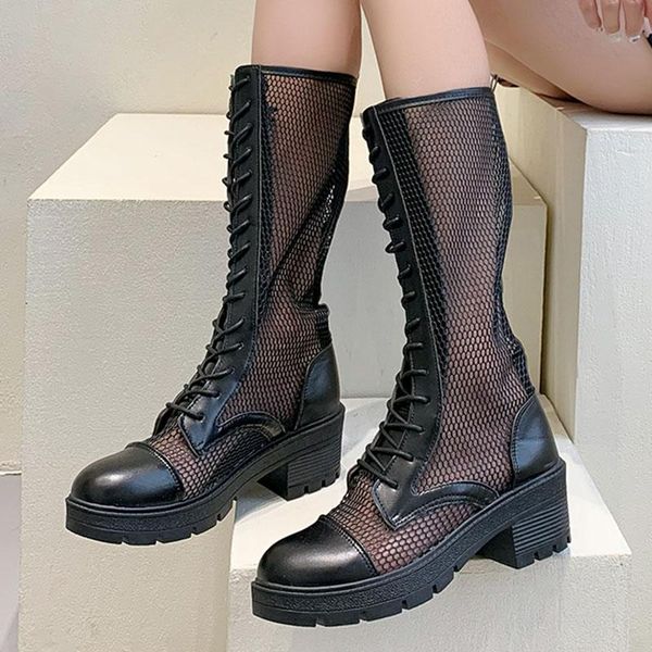

boots 2021 patent leather mesh net women spring summer black white cross tied lace up chunky heels platform knee high boot shoe
