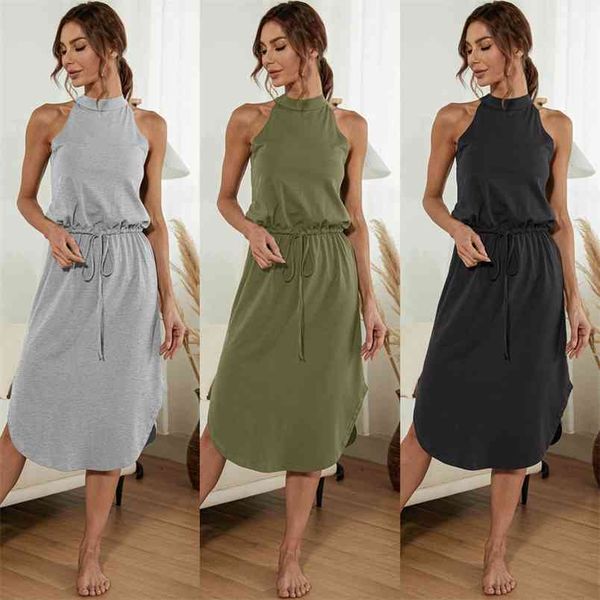 Sexy Halfter Schulterfrei Sommerkleid Frauen Casual Solide Ärmellos Rückenfrei Elastische Taille Schnürung Unregelmäßige Split Midi Kleider 210522