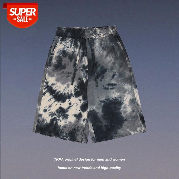 

tkpa retro tie-dye printed shorts male loose bf wind couple street hip-hop sports five-point pants #un19, Black