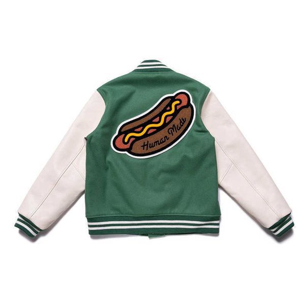 

green patchwork human made girls dont cry varsity baseball jacket men women tiger pattern leather sleeve coat, Black;brown