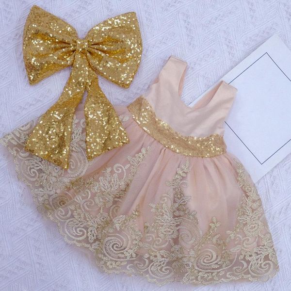 

girl's dresses golden bow baby dress lace flower christening baptism clothes born kids girls first year birthday princess infant costum, Red;yellow