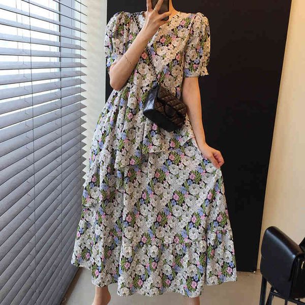 

summer fashion temperament elegant sweet retro o-neck flower print loose ruffle stitching puff sleeve dress 16f1082 210510, Black;gray