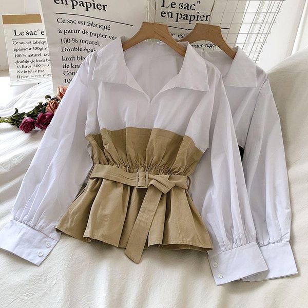 

women's blouses & shirts patchwork elegant blouse women vintage long sleeve mujer turn down collar spring 2021 office work blusa femini, White