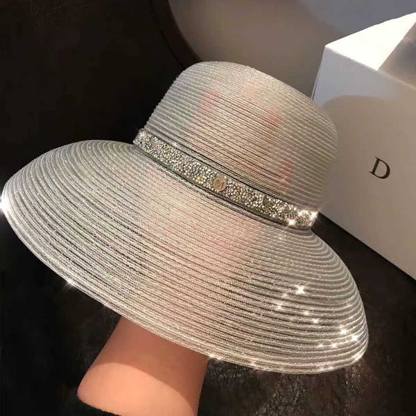 

summer hat women's outdoor anti ultraviolet bright silk lamp shade straw hat fashionable light luxury hepburn wind big brim sun hat tid, Blue;gray