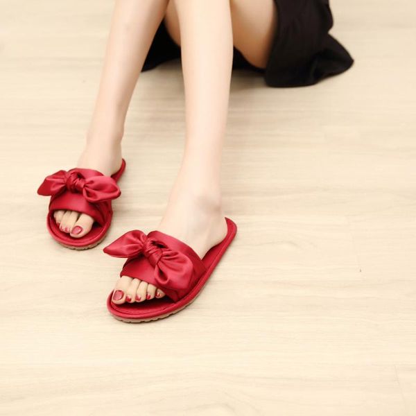 

slippers ladies summer indoor shoes women's bedroom satin bow solid non-slip flats chanclas de mujer outdoor slides, Black