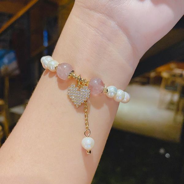 

link, chain fashion rhinestone heart baroque pearl pendant bracelet for woman stainless steel anniversary gift luxury jewelry, Black