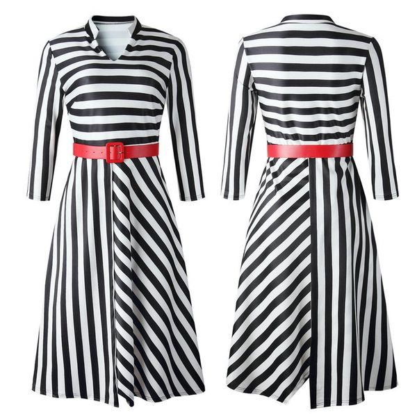 

casual dresses 2021 spring africa clothing women striped full asymmetrical office lady dress sashes mid-calf v-neck plus size, Black;gray