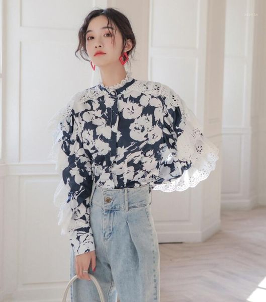 

printed stitching lace women blouse 2021 fashion female temperament trend spring batwing sleeve loose retro shirts p605 women's blouse, White