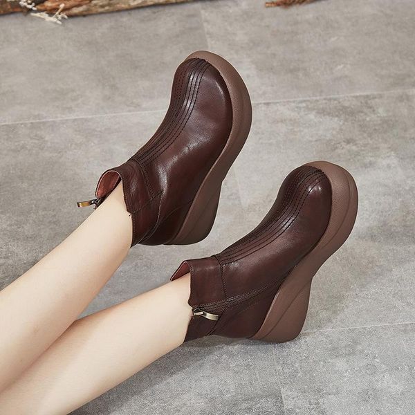 

boots soled leather style handmade heel women's short slope in autumn, Black