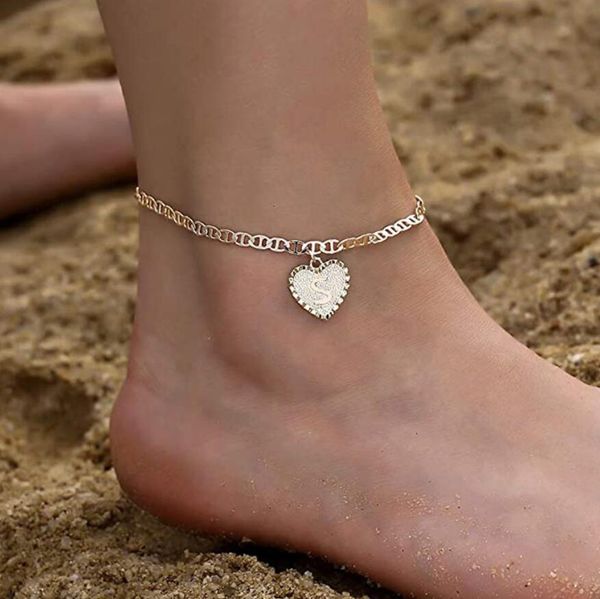 

26 english initial heart anklet chain crystal gold chains charm foot bracelets letters women fashion jewelry will and sandy gift, Red;blue