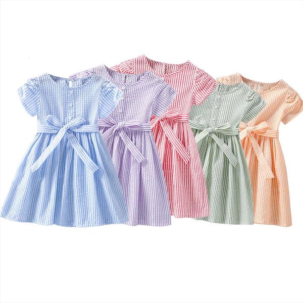 

toddler summer striped dress, girl dress baby girls belted short sleeve round neck button gown, Red;yellow