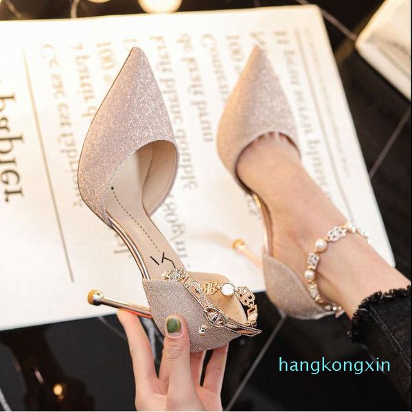 

sandals women ladies high heels design sense niche beaded stiletto temperament goddess fan one-button 2021, Black