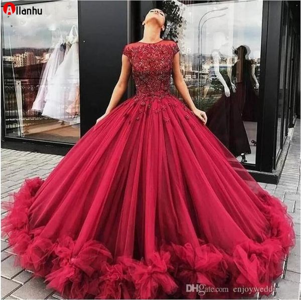 Elegante vestido de baile longo 2019 vestido de baile beading crystal boné mangas curtas tule borgonha festa formal vestidos de noite robe de soiree qwe