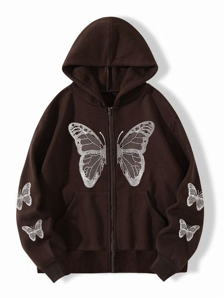 

butterfly print zip up drawstring thermal hoodie q0ir#, White;black