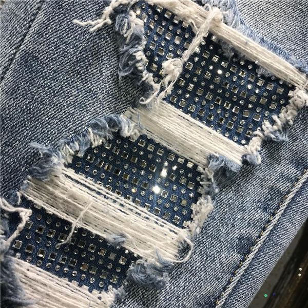 

women's jeans european stye woman 2021 spring high-waist ripped drilling stretch rolled feet pencil pants jean ---, Blue