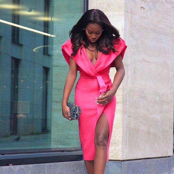 

rose red dresses party deep v neck high waist bodycon side slit event occassion women celebrate evening night vestidos 210416, Black;gray