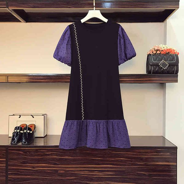 

l-5xl plus size summer elegant pullover lace patchwork dress for women puff sleeves o-neck loose casual dresses 210519, Black;gray