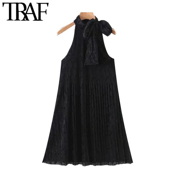 

traf women chic fashion with bow tied flocking mini dress vintage sleeveless with lining female dresses vestidos mujer 210415, Black;gray