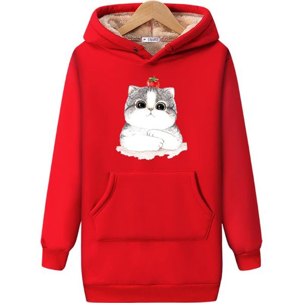 

women's hoodies & sweatshirts oske lovely kitten women plus velvet thickening hoodie sweatshirt pure cotton pocket for printing, Black