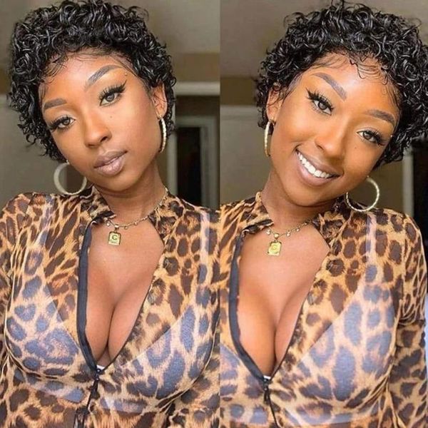 

lace wigs pixie cut wig short curly human hair under $35 13x1 transparent for women deep wave, Black;brown